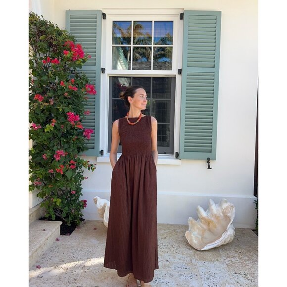 NWT Hill House Cosima Nap in Chocolate Brown Tonal Stripe Smocked Maxi Dress L - Picture 2 of 6